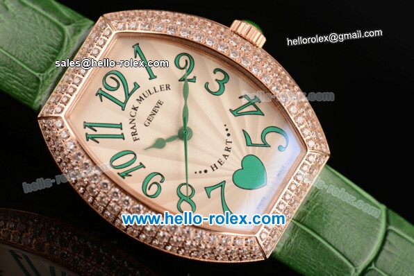 Franck Muller Heart Swiss Quartz Rose Gold Case with Green Leather Strap Diamond Bezel and White Dial - ETA Coating - Click Image to Close